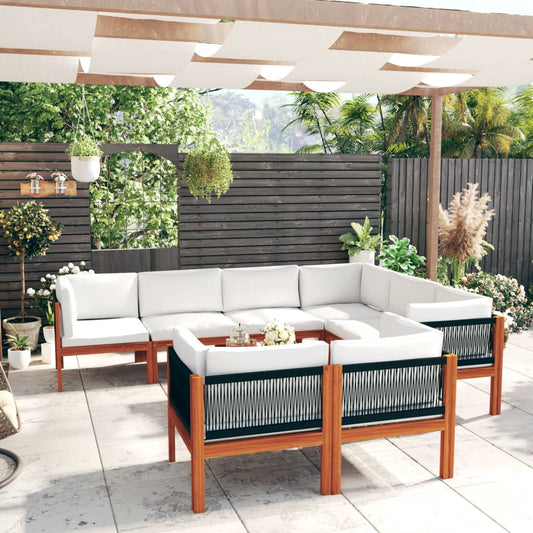 10-tlg. Garten-Lounge-Set mit Kissen Cremefarbenes Holz Akazie & Seil