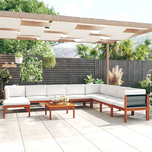 9-tlg. Garten-Lounge-Set mit Kissen Cremefarbenes Holz Akazie & Seil
