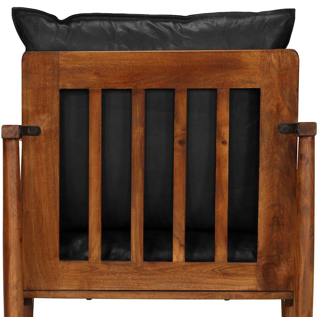 Sessel Schwarz Echtleder und Massivholz Akazie