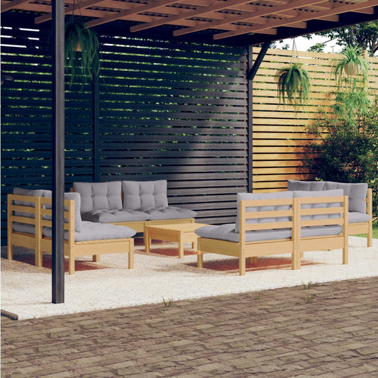 9-tlg. Garten-Lounge-Set mit Grauen Kissen Kiefernholz