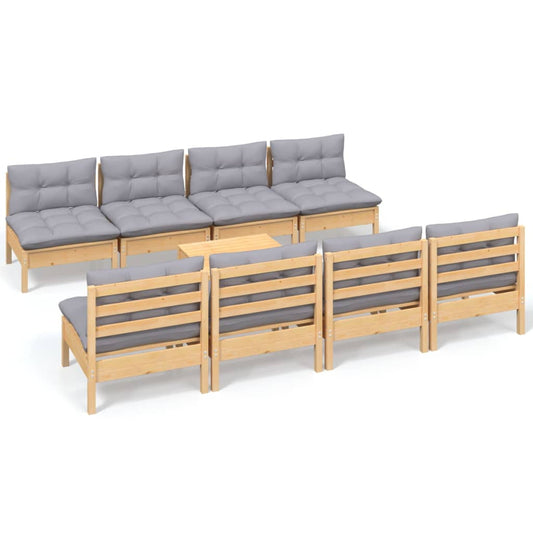 9-tlg. Garten-Lounge-Set mit Grauen Kissen Kiefer Massivholz