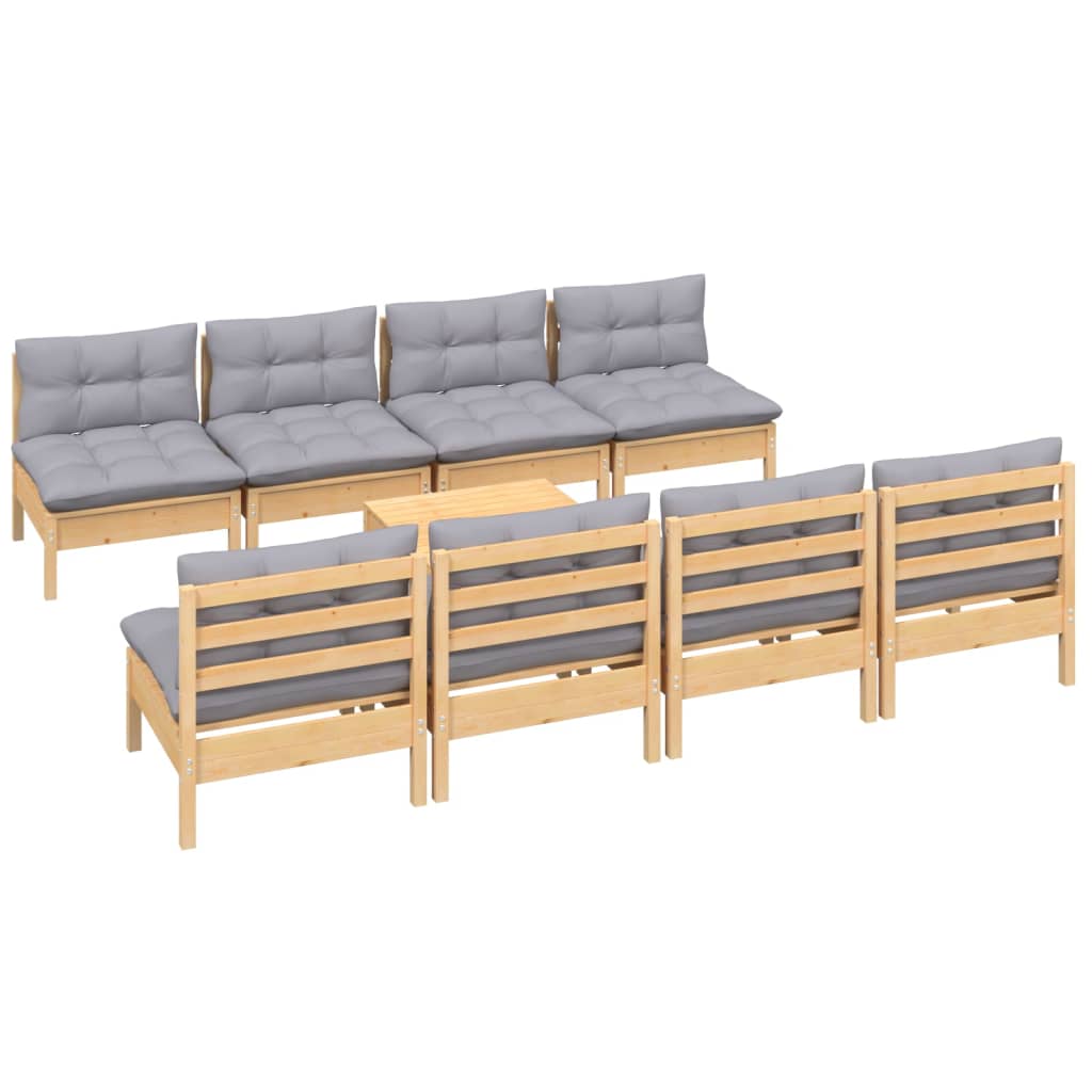9-tlg. Garten-Lounge-Set mit Grauen Kissen Kiefer Massivholz
