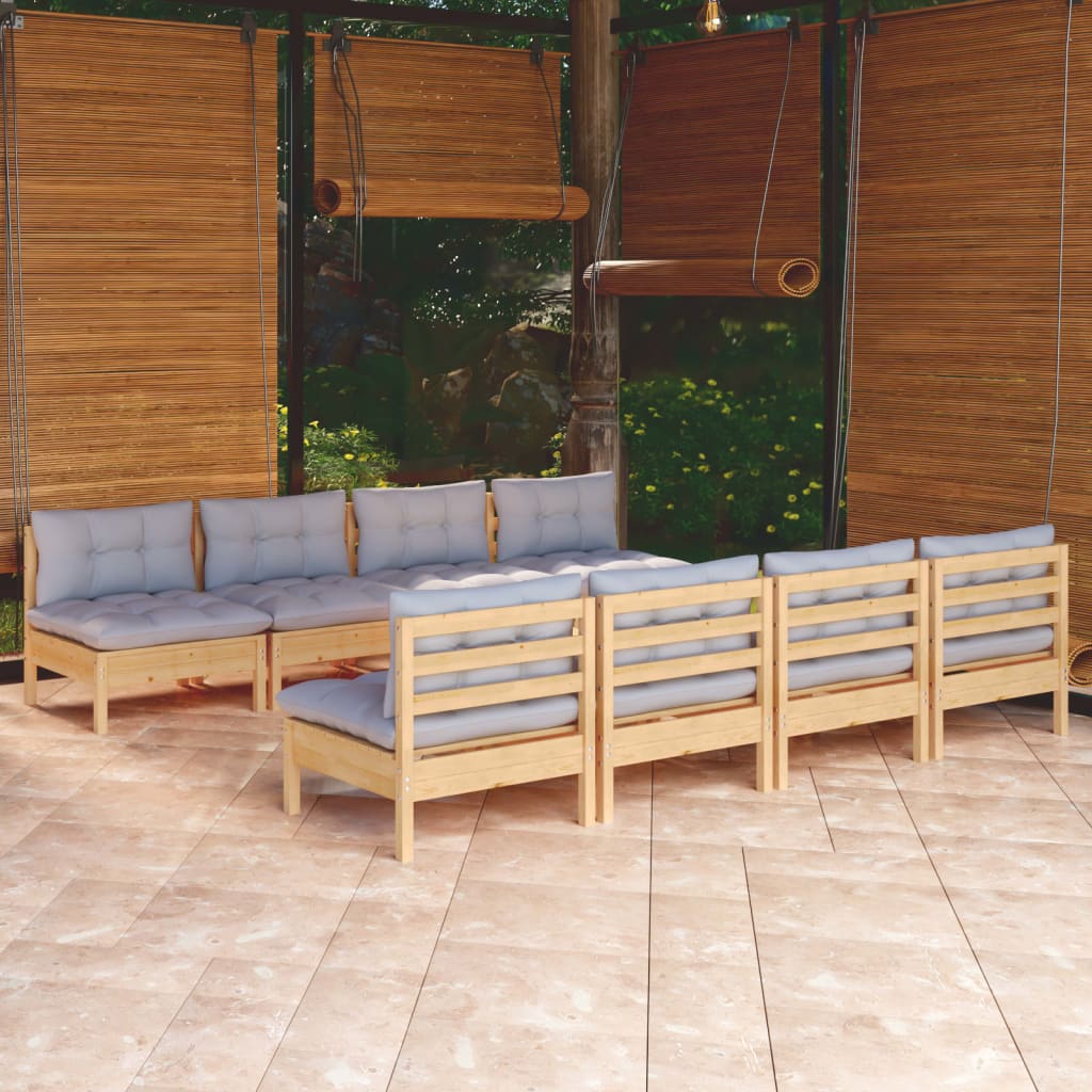 9-tlg. Garten-Lounge-Set mit Grauen Kissen Kiefer Massivholz