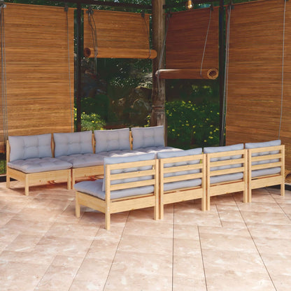 9-tlg. Garten-Lounge-Set mit Grauen Kissen Kiefer Massivholz