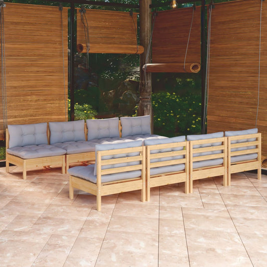 9-tlg. Garten-Lounge-Set mit Grauen Kissen Kiefer Massivholz