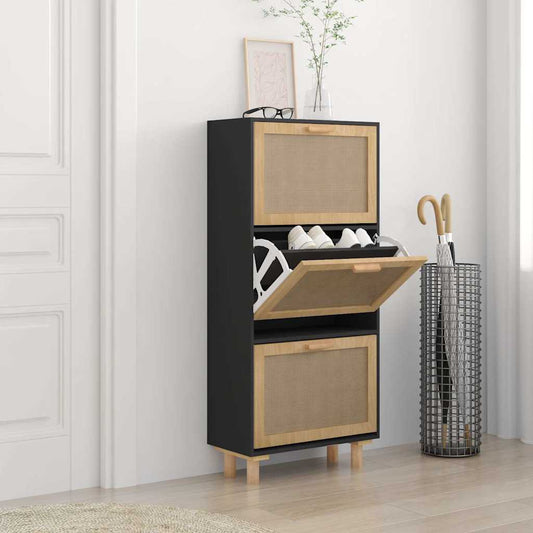Schuhschrank Schwarz 52x25x115 cm Holzwerkstoff & Rattan Natur