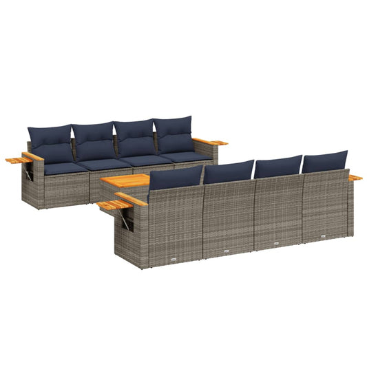 9-tlg. Garten-Sofagarnitur mit Kissen Grau Poly Rattan