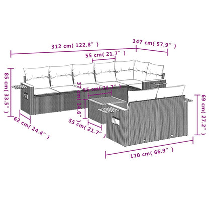 9-tlg. Garten-Sofagarnitur mit Kissen Grau Poly Rattan