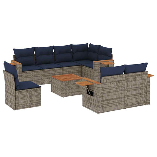 9-tlg. Garten-Sofagarnitur mit Kissen Grau Poly Rattan