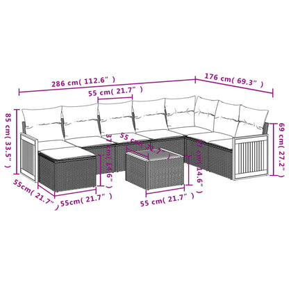 9-tlg. Garten-Sofagarnitur mit Kissen Grau Poly Rattan