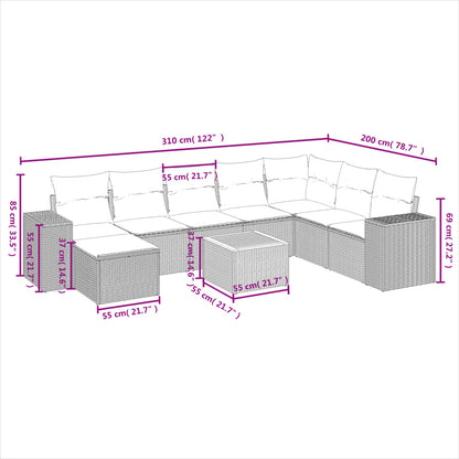 9-tlg. Garten-Sofagarnitur mit Kissen Grau Poly Rattan