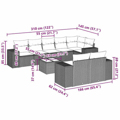 9-tlg. Garten-Sofagarnitur mit Kissen Hellgrau Poly Rattan