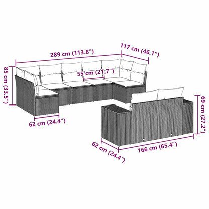 9-tlg. Garten-Sofagarnitur mit Kissen Hellgrau Poly Rattan