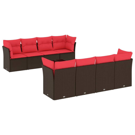 9-tlg. Garten-Sofagarnitur mit Kissen Braun Poly Rattan