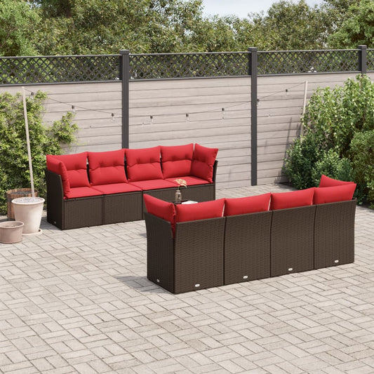 9-tlg. Garten-Sofagarnitur mit Kissen Braun Poly Rattan
