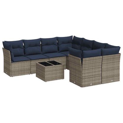 9-tlg. Garten-Sofagarnitur mit Kissen Grau Poly Rattan
