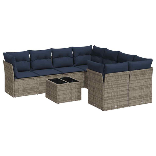 9-tlg. Garten-Sofagarnitur mit Kissen Grau Poly Rattan