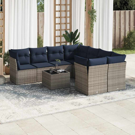 9-tlg. Garten-Sofagarnitur mit Kissen Grau Poly Rattan