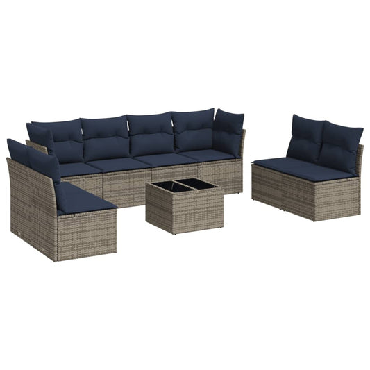 9-tlg. Garten-Sofagarnitur mit Kissen Grau Poly Rattan