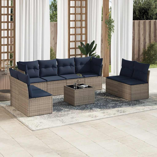 9-tlg. Garten-Sofagarnitur mit Kissen Grau Poly Rattan