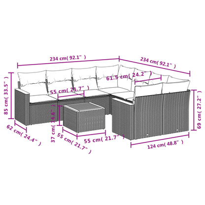 9-tlg. Garten-Sofagarnitur mit Kissen Grau Poly Rattan