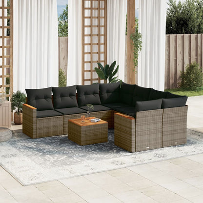 9-tlg. Garten-Sofagarnitur mit Kissen Grau Poly Rattan