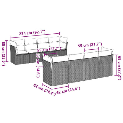 9-tlg. Garten-Sofagarnitur mit Kissen Grau Poly Rattan
