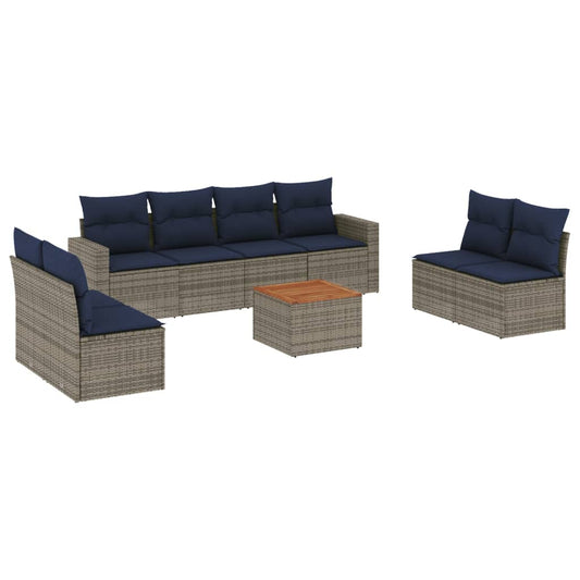 9-tlg. Garten-Sofagarnitur mit Kissen Grau Poly Rattan