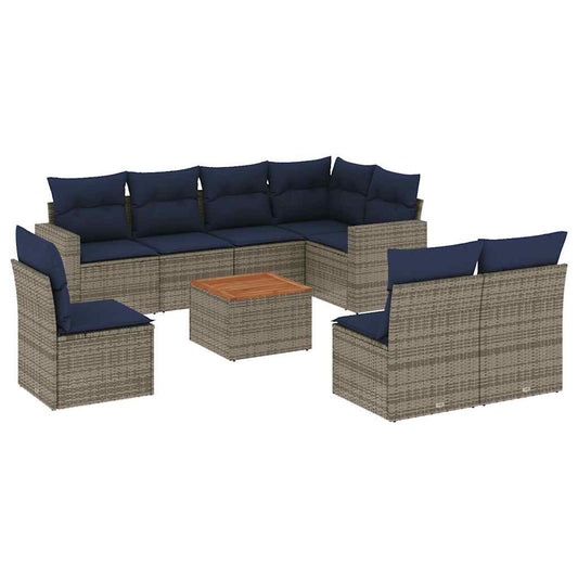 9-tlg. Garten-Sofagarnitur mit Kissen Grau Poly Rattan