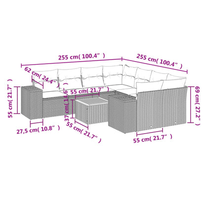 9-tlg. Garten-Sofagarnitur mit Kissen Grau Poly Rattan