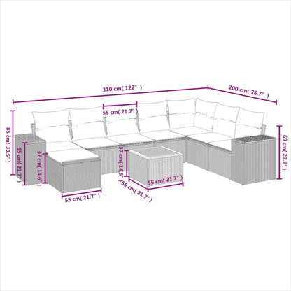 9-tlg. Garten-Sofagarnitur mit Kissen Grau Poly Rattan