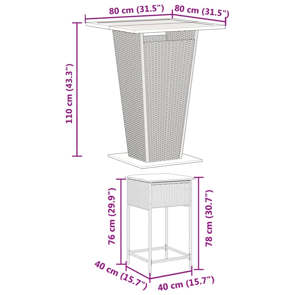 3-tlg. Gartenbar-Set mit Kissen Schwarz Poly Rattan