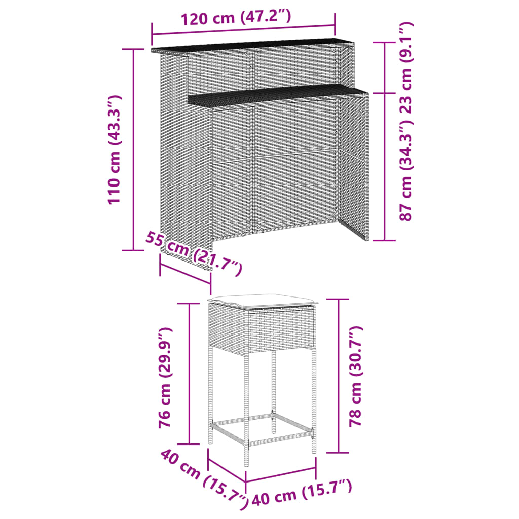 3-tlg. Gartenbar-Set mit Kissen Schwarz Poly Rattan