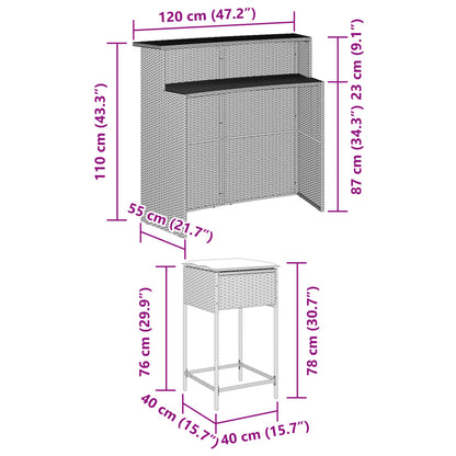 3-tlg. Gartenbar-Set mit Kissen Schwarz Poly Rattan