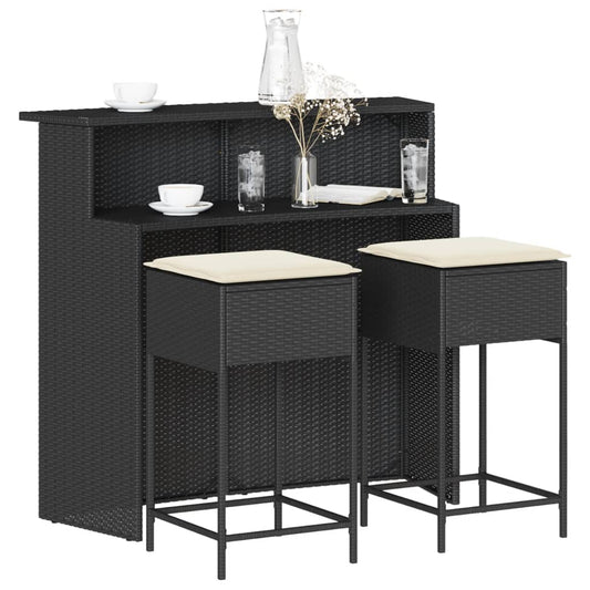3-tlg. Gartenbar-Set mit Kissen Schwarz Poly Rattan