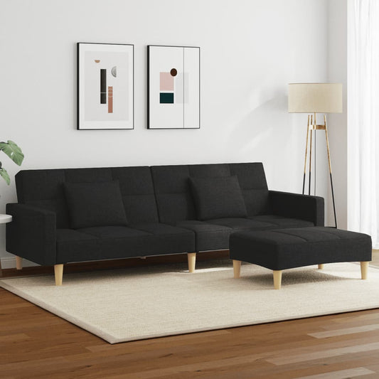 Schlafsofa 2-Sitzer mit Fußhocker Schwarz Stoff