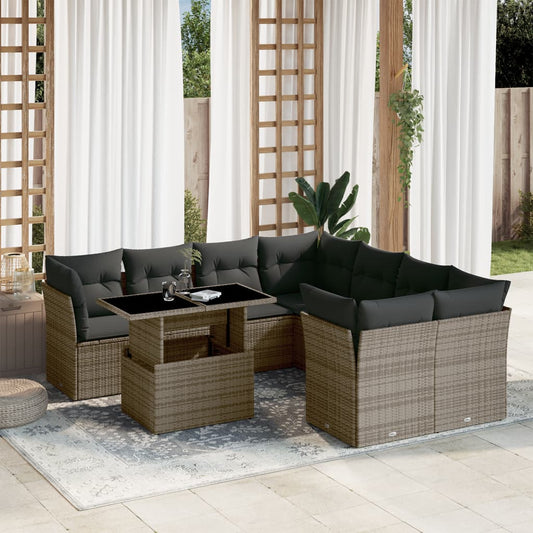 9-tlg. Garten-Sofagarnitur mit Kissen Grau Poly Rattan