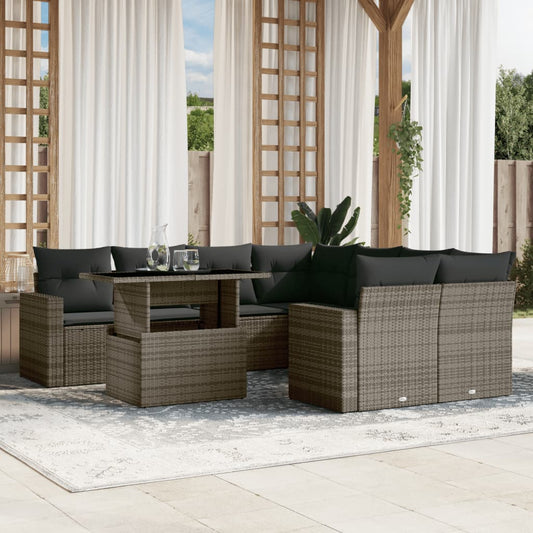 9-tlg. Garten-Sofagarnitur mit Kissen Grau Poly Rattan