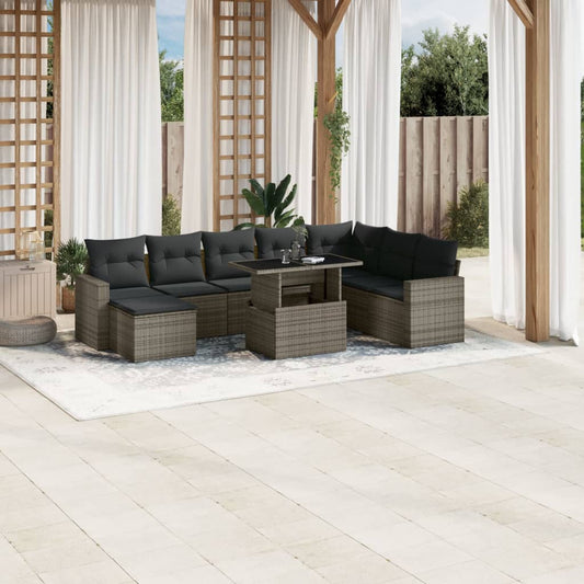 9-tlg. Garten-Sofagarnitur mit Kissen Grau Poly Rattan