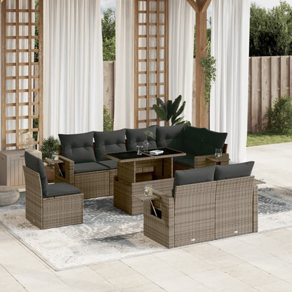 9-tlg. Garten-Sofagarnitur mit Kissen Grau Poly Rattan