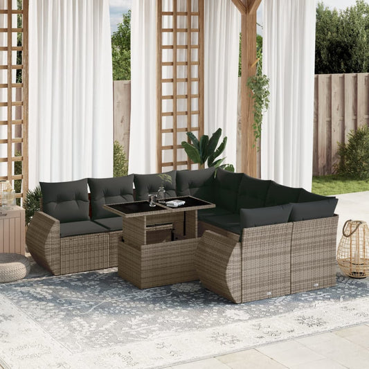 9-tlg. Garten-Sofagarnitur mit Kissen Grau Poly Rattan