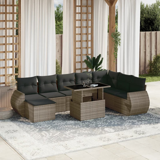 9-tlg. Garten-Sofagarnitur mit Kissen Grau Poly Rattan