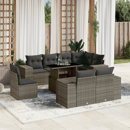 9-tlg. Garten-Sofagarnitur mit Kissen Grau Poly Rattan