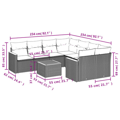 9-tlg. Garten-Sofagarnitur mit Kissen Grau Poly Rattan
