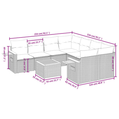 9-tlg. Garten-Sofagarnitur mit Kissen Grau Poly Rattan