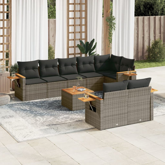 9-tlg. Garten-Sofagarnitur mit Kissen Grau Poly Rattan