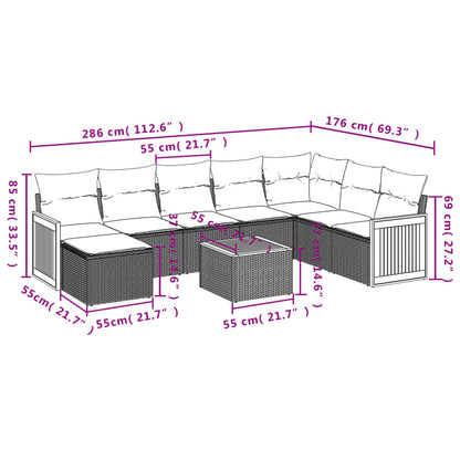 9-tlg. Garten-Sofagarnitur mit Kissen Grau Poly Rattan