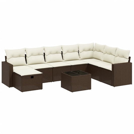 9-tlg. Garten-Sofagarnitur mit Kissen Braun Poly Rattan