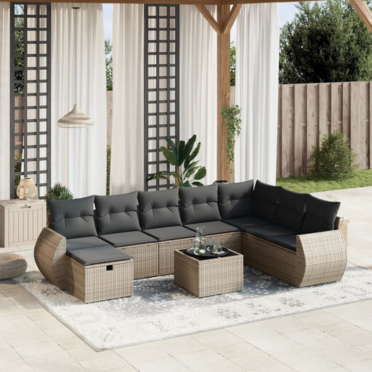 9-tlg. Garten-Sofagarnitur mit Kissen Grau Poly Rattan