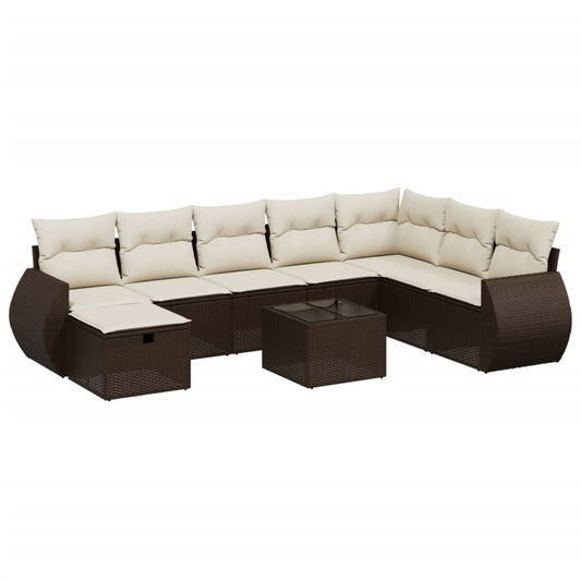 9-tlg. Garten-Sofagarnitur mit Kissen Braun Poly Rattan